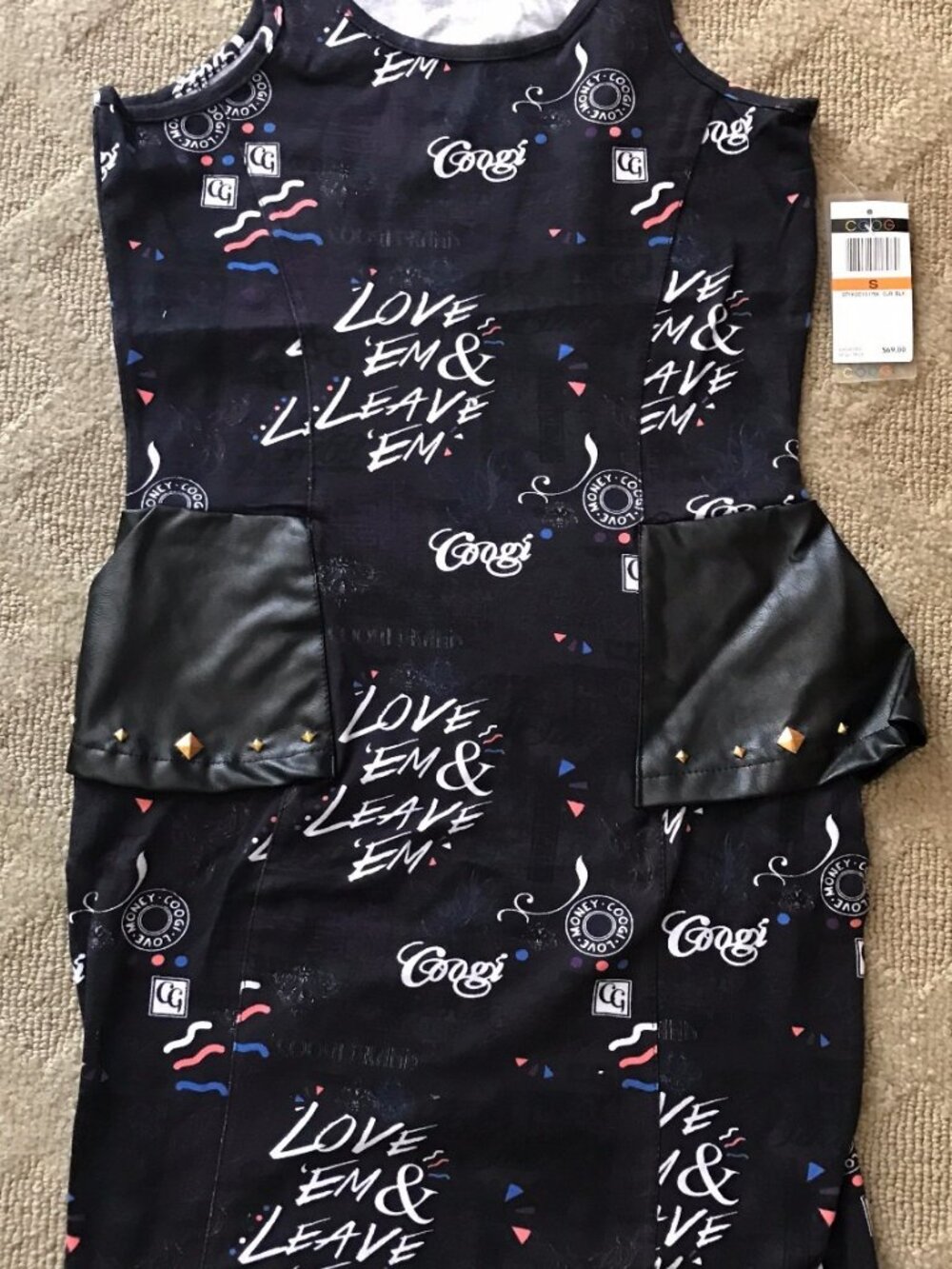 COOGI Love 'em Leave 'em Black Peplum Dress Leather Accent NWT - Picture 2 of 6